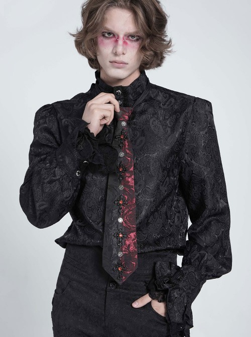 Black Burgundy Rose Jacquard Spliced Design Cross Rivets Crosses Ornament Zipper Wearing Elegant Gothic Style Men's Tie