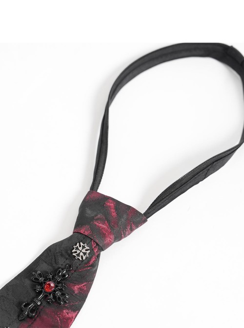Black Burgundy Rose Jacquard Spliced Design Cross Rivets Crosses Ornament Zipper Wearing Elegant Gothic Style Men's Tie