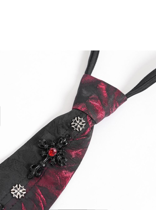 Black Burgundy Rose Jacquard Spliced Design Cross Rivets Crosses Ornament Zipper Wearing Elegant Gothic Style Men's Tie