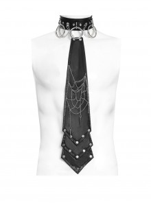 Black Coarse-Grained Imitation Leather Multi-Layered Design Detachable Spider Web Chain PU Choker Punk Style Men's Tie