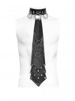 Black Coarse-Grained Imitation Leather Multi-Layered Design Detachable Spider Web Chain PU Choker Punk Style Men's Tie