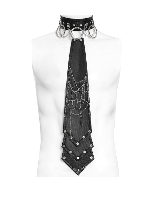 Black Coarse-Grained Imitation Leather Multi-Layered Design Detachable Spider Web Chain PU Choker Punk Style Men's Tie