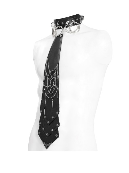 Black Coarse-Grained Imitation Leather Multi-Layered Design Detachable Spider Web Chain PU Choker Punk Style Men's Tie