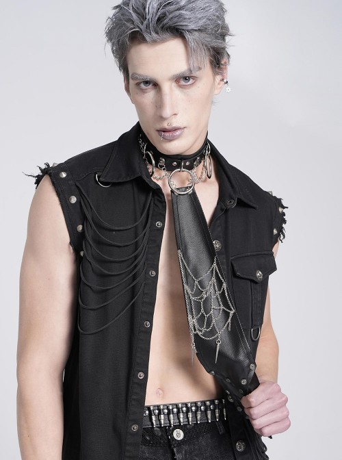 Black Coarse-Grained Imitation Leather Multi-Layered Design Detachable Spider Web Chain PU Choker Punk Style Men's Tie