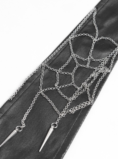 Black Coarse-Grained Imitation Leather Multi-Layered Design Detachable Spider Web Chain PU Choker Punk Style Men's Tie