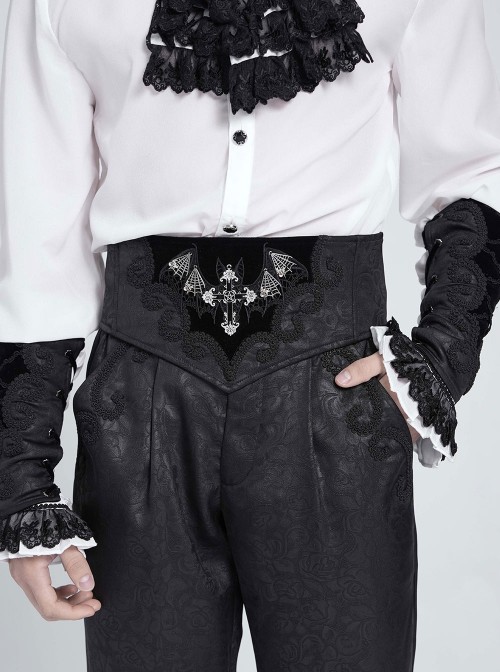 Black Dark Rose Jacquard Splicing Front Velvet Embroidered Bat Lace Adjustable Back Lace-Up Gothic Style Men's Corset