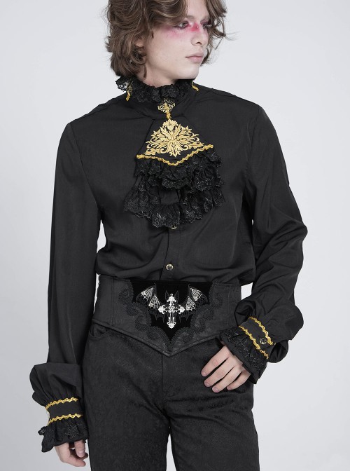 Black Dark Rose Jacquard Splicing Front Velvet Embroidered Bat Lace Adjustable Back Lace-Up Gothic Style Men's Corset