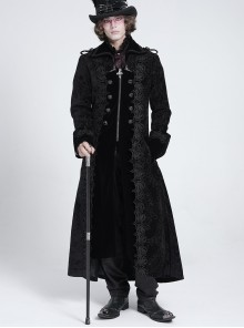 Black Paisley Jacquard Fleece Palace Style Lapel Delicate Velvet Lace Slit Hem Gothic Men's Long Coat