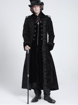 Black Paisley Jacquard Fleece Palace Style Lapel Delicate Velvet Lace Slit Hem Gothic Men's Long Coat