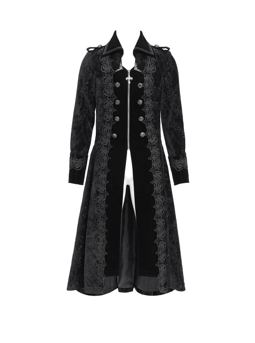 Black Paisley Jacquard Fleece Palace Style Lapel Delicate Velvet Lace Slit Hem Gothic Men's Long Coat