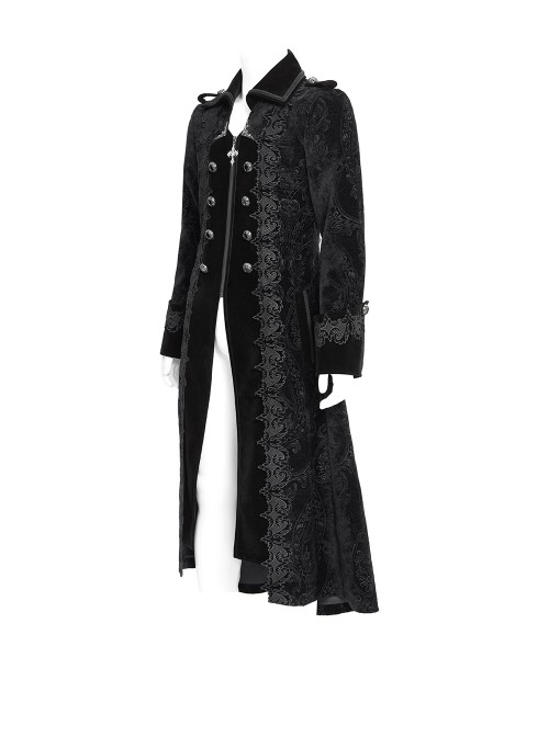 Black Paisley Jacquard Fleece Palace Style Lapel Delicate Velvet Lace Slit Hem Gothic Men's Long Coat