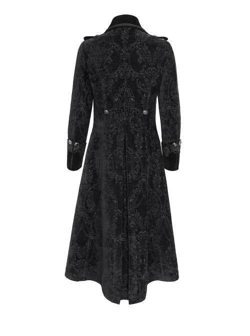 Black Paisley Jacquard Fleece Palace Style Lapel Delicate Velvet Lace Slit Hem Gothic Men's Long Coat
