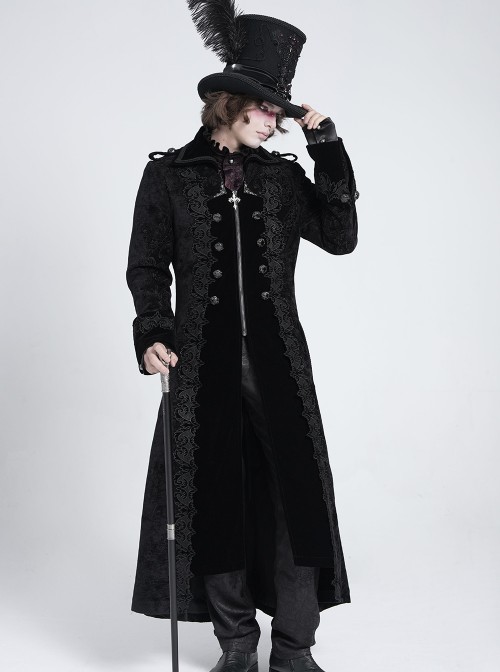 Black Paisley Jacquard Fleece Palace Style Lapel Delicate Velvet Lace Slit Hem Gothic Men's Long Coat