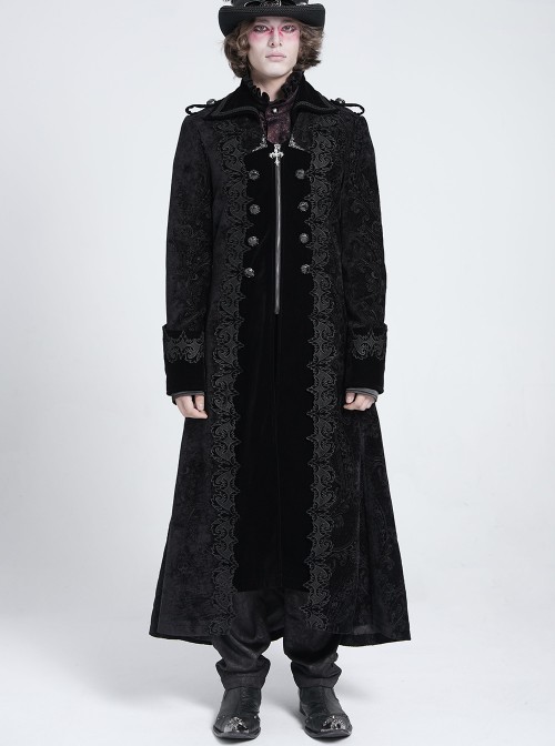 Black Paisley Jacquard Fleece Palace Style Lapel Delicate Velvet Lace Slit Hem Gothic Men's Long Coat