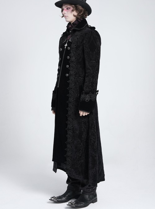 Black Paisley Jacquard Fleece Palace Style Lapel Delicate Velvet Lace Slit Hem Gothic Men's Long Coat