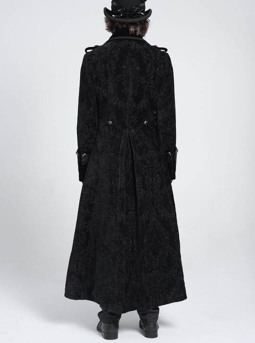 Black Paisley Jacquard Fleece Palace Style Lapel Delicate Velvet Lace Slit Hem Gothic Men's Long Coat