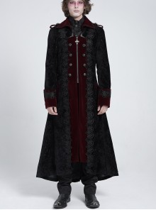 Black Paisley Jacquard Velvet Red Velveteen Palace Style Lapel Delicate Velvet Lace Slit Hem Gothic Men's Long Coat