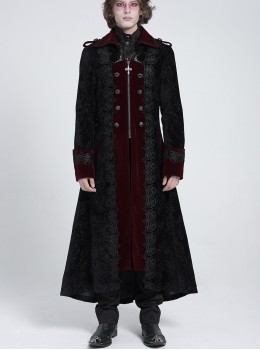 Black Paisley Jacquard Velvet Red Velveteen Palace Style Lapel Delicate Velvet Lace Slit Hem Gothic Men's Long Coat