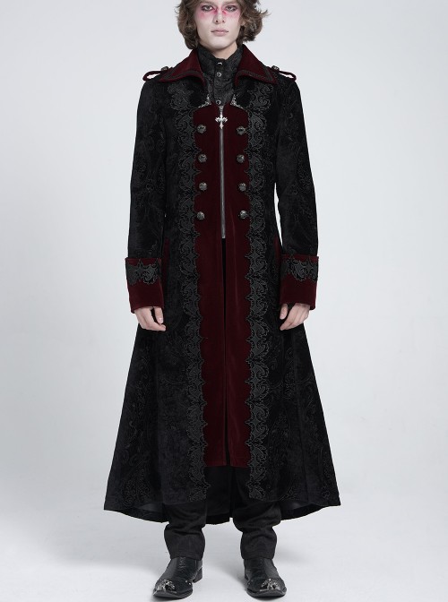 Black Paisley Jacquard Velvet Red Velveteen Palace Style Lapel Delicate Velvet Lace Slit Hem Gothic Men's Long Coat