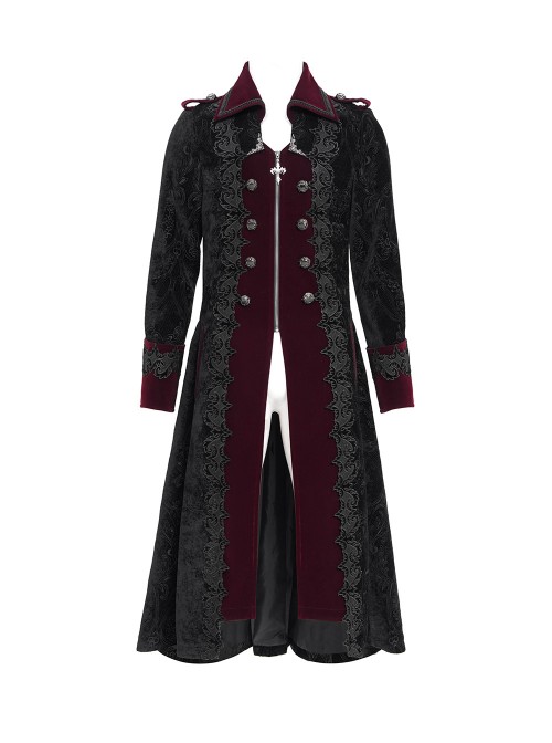 Black Paisley Jacquard Velvet Red Velveteen Palace Style Lapel Delicate Velvet Lace Slit Hem Gothic Men's Long Coat