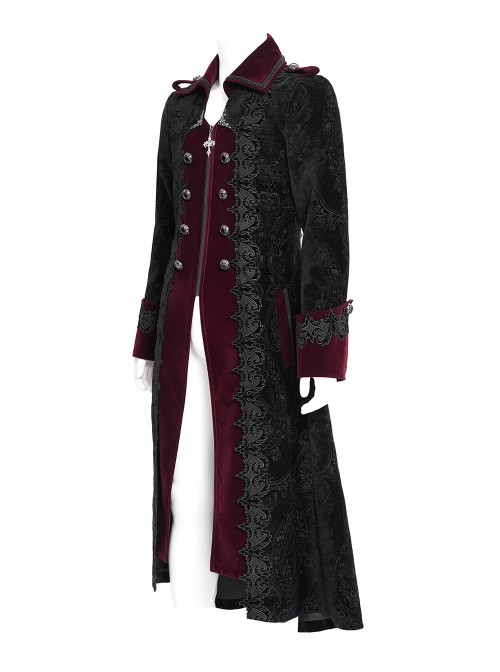 Black Paisley Jacquard Velvet Red Velveteen Palace Style Lapel Delicate Velvet Lace Slit Hem Gothic Men's Long Coat