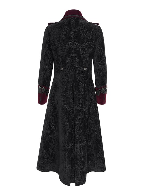 Black Paisley Jacquard Velvet Red Velveteen Palace Style Lapel Delicate Velvet Lace Slit Hem Gothic Men's Long Coat