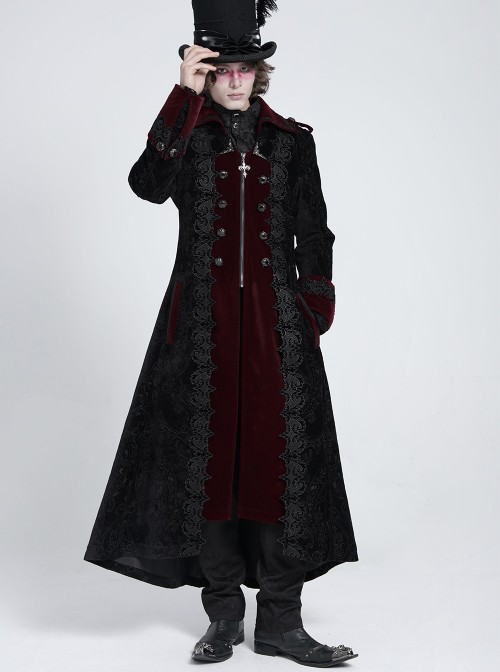 Black Paisley Jacquard Velvet Red Velveteen Palace Style Lapel Delicate Velvet Lace Slit Hem Gothic Men's Long Coat