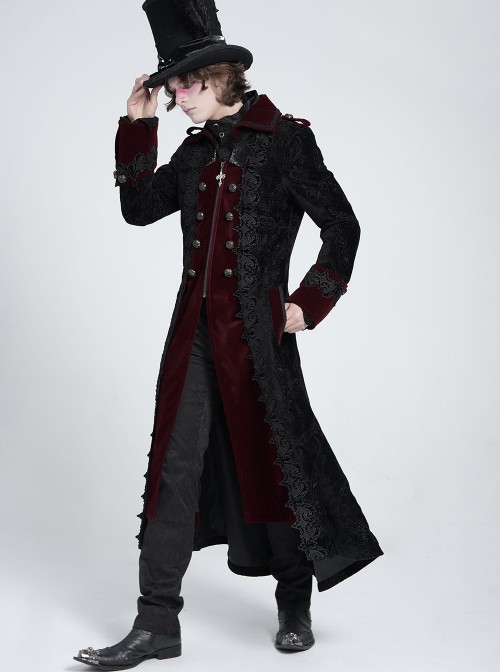 Black Paisley Jacquard Velvet Red Velveteen Palace Style Lapel Delicate Velvet Lace Slit Hem Gothic Men's Long Coat