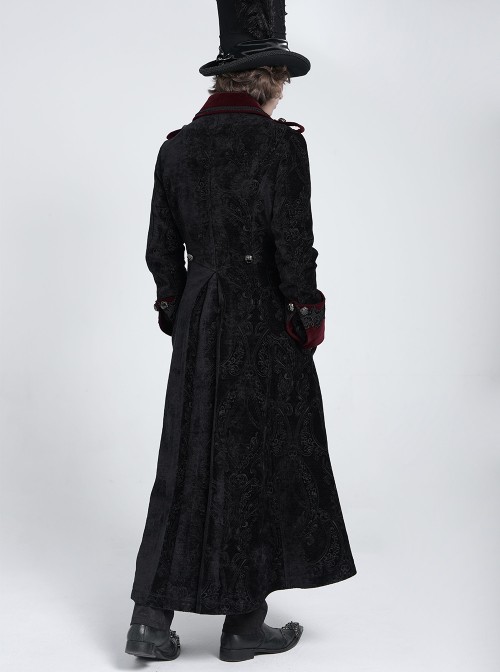 Black Paisley Jacquard Velvet Red Velveteen Palace Style Lapel Delicate Velvet Lace Slit Hem Gothic Men's Long Coat