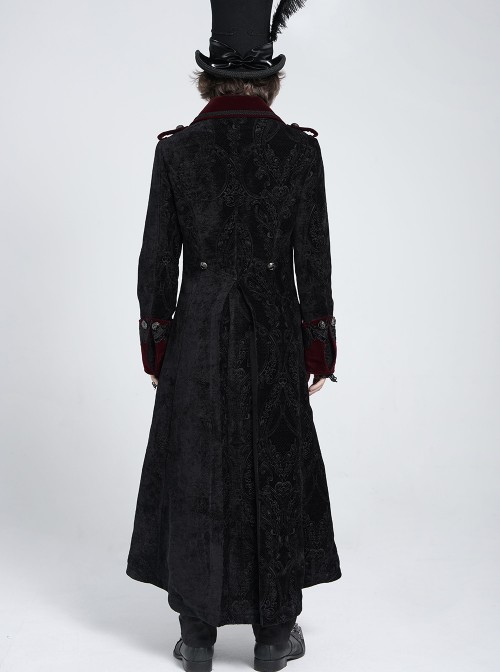 Black Paisley Jacquard Velvet Red Velveteen Palace Style Lapel Delicate Velvet Lace Slit Hem Gothic Men's Long Coat