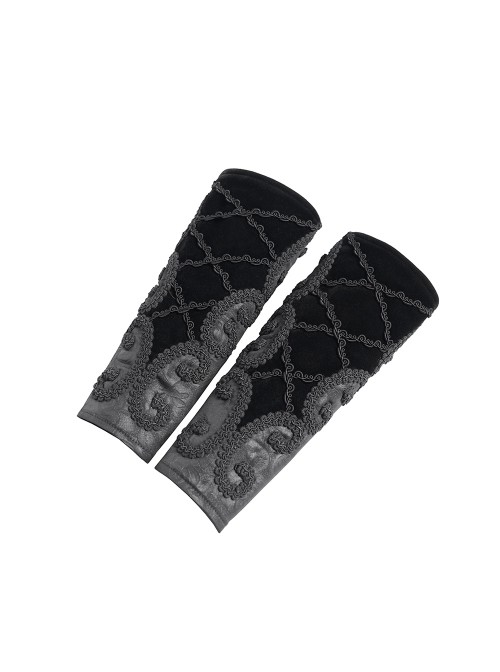 Black Rose Jacquard Woven Splicing Front Velveteen Cross Ribbons Joints Gothic Style Men's Wristband