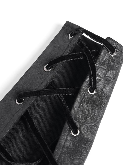 Black Rose Jacquard Woven Splicing Front Velveteen Cross Ribbons Joints Gothic Style Men's Wristband