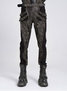 Black Twill Splicing Two-Color Faux Leather Bone Shape Design Edge Zipper Decoration Punk Style Men's Trousers
