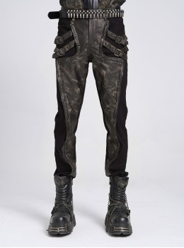 Black Twill Splicing Two-Color Faux Leather Bone Shape Design Edge Zipper Decoration Punk Style Men's Trousers