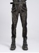 Black Twill Splicing Two-Color Faux Leather Bone Shape Design Edge Zipper Decoration Punk Style Men's Trousers