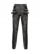 Black Twill Splicing Two-Color Faux Leather Bone Shape Design Edge Zipper Decoration Punk Style Men's Trousers