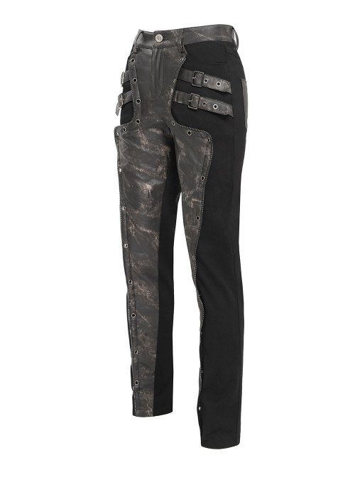 Black Twill Splicing Two-Color Faux Leather Bone Shape Design Edge Zipper Decoration Punk Style Men's Trousers