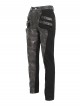 Black Twill Splicing Two-Color Faux Leather Bone Shape Design Edge Zipper Decoration Punk Style Men's Trousers