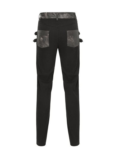 Black Twill Splicing Two-Color Faux Leather Bone Shape Design Edge Zipper Decoration Punk Style Men's Trousers