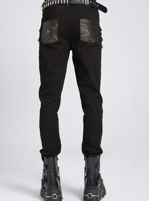 Black Twill Splicing Two-Color Faux Leather Bone Shape Design Edge Zipper Decoration Punk Style Men's Trousers