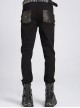 Black Twill Splicing Two-Color Faux Leather Bone Shape Design Edge Zipper Decoration Punk Style Men's Trousers
