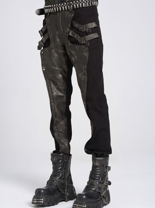 Black Twill Splicing Two-Color Faux Leather Bone Shape Design Edge Zipper Decoration Punk Style Men's Trousers