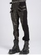 Black Twill Splicing Two-Color Faux Leather Bone Shape Design Edge Zipper Decoration Punk Style Men's Trousers