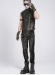 Black Twill Splicing Two-Color Faux Leather Bone Shape Design Edge Zipper Decoration Punk Style Men's Trousers