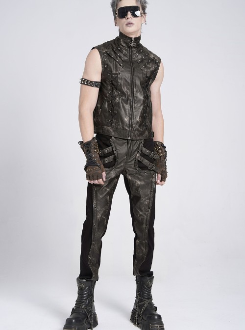 Black Twill Splicing Two-Color Faux Leather Bone Shape Design Edge Zipper Decoration Punk Style Men's Trousers