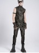 Black Twill Splicing Two-Color Faux Leather Bone Shape Design Edge Zipper Decoration Punk Style Men's Trousers