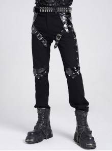 Black Stretch Twill Splicing Glazed Leather Multi-Layer Armor Shape Design Slim Fit Punk Style Men's Trousers