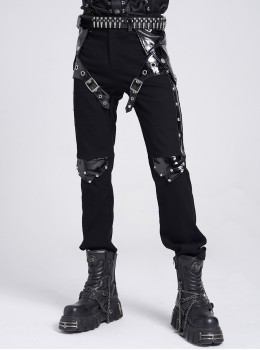 Black Stretch Twill Splicing Glazed Leather Multi-Layer Armor Shape Design Slim Fit Punk Style Men's Trousers