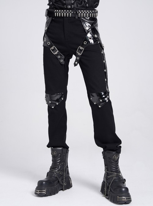 Black Stretch Twill Splicing Glazed Leather Multi-Layer Armor Shape Design Slim Fit Punk Style Men's Trousers