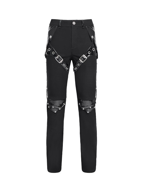 Black Stretch Twill Splicing Glazed Leather Multi-Layer Armor Shape Design Slim Fit Punk Style Men's Trousers